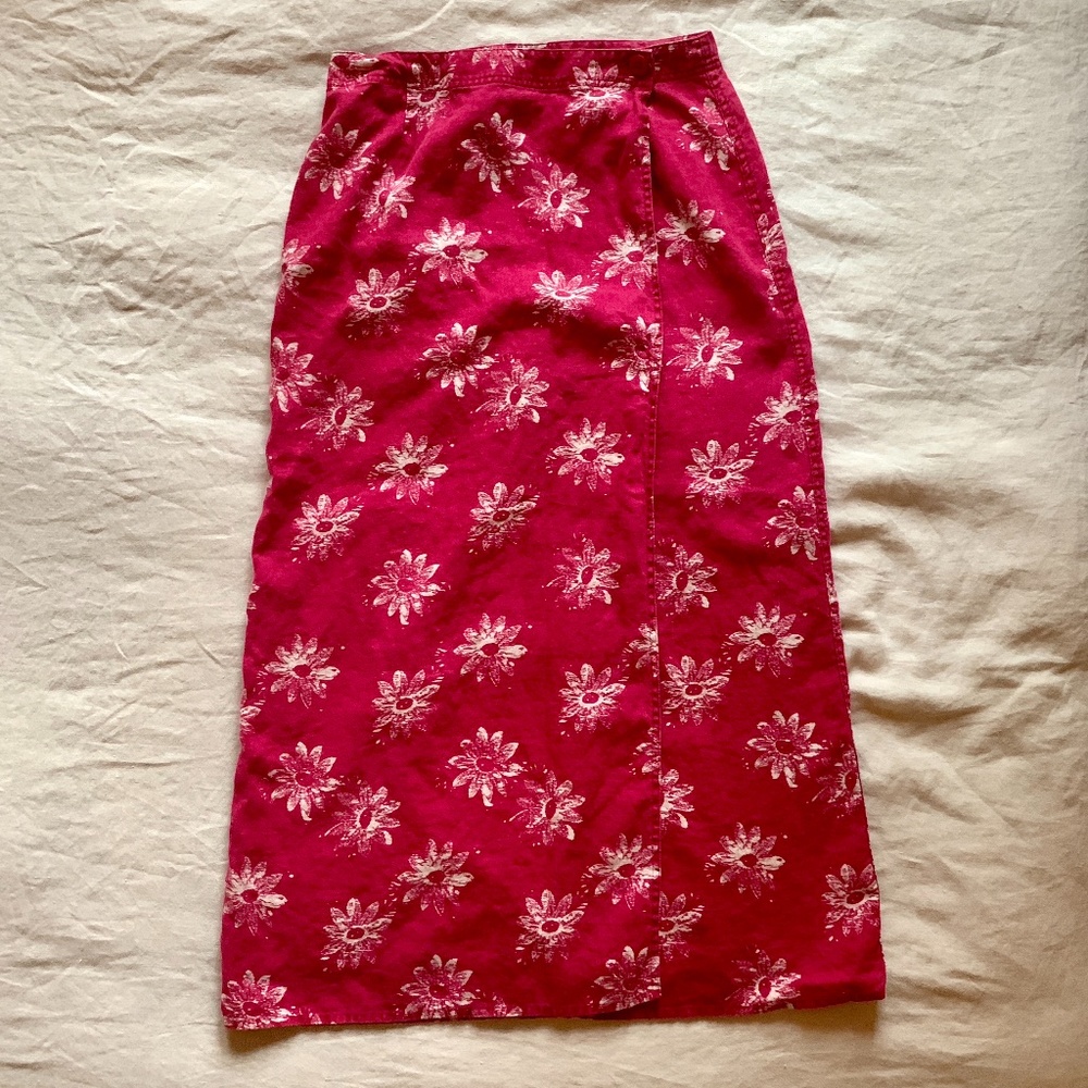 Red Flower Print Linen Wrap Skirt